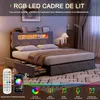A bedroom scene featuring a bed with LED lighting and storage, with a remote and app interface shown in the foreground. Podgląd zdjęcia produktu