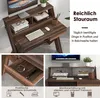 A collage of images showcasing a wooden computer desk with a monitor riser, drawer, and storage compartments, along with descriptive text in German. Produktbild-Vorschau