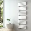 A modern bathroom with a wall-mounted toilet and a white towel radiator next to a large window. Podgląd zdjęcia produktu
