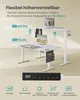 A white height-adjustable desk shown in two different height configurations, with a monitor and accessories. Produktbild-Vorschau