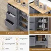 A collage of images showcasing a gray kitchen cart with a wooden top, highlighting its drawers, shelves, and various storage compartments. Icons and text describe its features and potential uses. Podgląd zdjęcia produktu