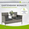 A polyrattan garden bench with an integrated table and cushions, presented with marketing text and a brand logo. Náhled obrázku produktu