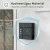 A dark gray mailbox is shown mounted on a white wall, with rain falling. A shield-like overlay with text is present. Produktbild-Vorschau