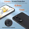 A black phone case is shown with callouts highlighting its protective features for the screen and camera. Produktbild-Vorschau