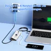 A USB-C hub is shown connected to a laptop and a smartphone, with its power adapter plugged into a wall socket. Produktbild-Vorschau
