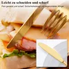 A close-up of a knife cutting a sandwich, with a fork in the background and an inset image of a knife on a plate. Produktbild-Vorschau