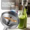 Close-up of an immersion blender blade in a jar of green liquid, with text overlay. Produktbild-Vorschau