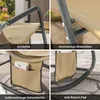 A collage of four close-up images showcasing different features of a khaki-colored rocking lounge chair, including its armrest, material quality, storage pocket, and anti-slip pad. Produktbild-Vorschau