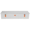 A silver aluminum storage box with orange latches is shown against a white background. Produktbild-Vorschau