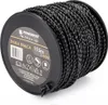 A spool of black trimmer line on a black plastic spool, with a label showing product details. Náhľad obrázku produktu
