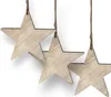 Three wooden stars hanging from twine against a white background. Produktbild-Vorschau