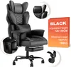 A black ergonomic office chair with a footrest and padded armrests, shown with inset images highlighting features and a text overlay with product specifications. Produktbild-Vorschau