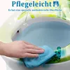 A hand is cleaning a toilet seat with a blue cloth, with a decorative floral pattern on the toilet seat lid. There are graphics of germs being removed. Produktbild-Vorschau