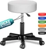 A white rolling stool with a black base and wheels, shown on a white background. There are color swatches to the right of the stool. Produktbild-Vorschau