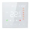 A digital thermostat with a white glass front displaying the time, room temperature, and various icons. Produktbild-Vorschau