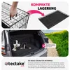 A collage showing a dog crate being folded, a dog in a crate in a car, and a scenic outdoor view. Produktbild-Vorschau