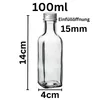 A clear, well-lit image of a small glass bottle with a silver screw-top lid, displaying its dimensions and capacity. Produktbild-Vorschau