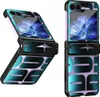 Two views of a flip phone case with a patterned design and a screen displaying a blue and white abstract image. Produktbild-Vorschau