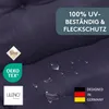 Close-up of a dark blue fabric with water droplets on it, featuring several marketing logos and text overlays. Produktbild-Vorschau