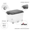 A clear, well-lit image of a transparent storage box with a black lid, showcasing its features. Produktbild-Vorschau
