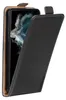 A black flip case for a smartphone is shown with the front cover open. Produktbild-Vorschau