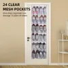 A white door with a hanging shoe organizer filled with various shoes, set against a neutral-colored wall. Náhled obrázku produktu