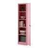 A tall, narrow pink metal cabinet with its door open, displaying items on its shelves. Podgląd zdjęcia produktu