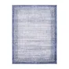 A rectangular rug with a blue border and a distressed abstract pattern in shades of gray and white. Produktbild-Vorschau