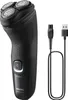 A black electric shaver and its charging cable are displayed against a white background. Podgląd zdjęcia produktu