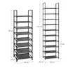 Two black multi-tier shoe racks are shown side-by-side with dimensions labeled in centimeters. The left rack is shorter and wider, while the right rack is taller and narrower. Náhled obrázku produktu