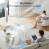 A white tower fan is in a living room, with blue arrows illustrating its 70-degree oscillation, reaching two people relaxing on a sofa and armchair. Produktbild-Vorschau