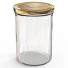 A clear studio shot of an empty glass jar with a gold screw-on lid. Voir les images du produit