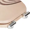 A close-up of a toilet seat with a decorative pattern and chrome hinges. Produktbild-Vorschau
