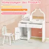 A white children's vanity set with a chair, featuring dimensions and product specifications overlaid on the image. Voir les images du produit