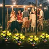 A group of people are gathered around a table outdoors at night, with string lights overhead. Solar flower lights are in the foreground. Náhled obrázku produktu