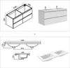 A collage of technical drawings and product images of a bathroom vanity and sink. Voir les images du produit