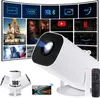 A collage of images showcasing a white mini projector, its features, and various media content it can display. Produktbild-Vorschau