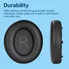A marketing image showing two black headphone ear pads against a light blue background, with text describing their durability. Produktbild-Vorschau