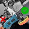 A split image showing a woman looking tired and holding a tool on the left, with a red 'X' symbol, and a car polisher in action on the right, with a green checkmark symbol. Voir les images du produit