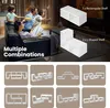 A family is watching TV in a living room, with product images and text overlays showcasing modular shelving units. Produktbild-Vorschau