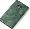 A green flip cover phone case for a Samsung Galaxy S7 edge is shown from a diagonal top-down view against a white background. Produktbild-Vorschau