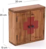 A wooden medicine cabinet with a red cross symbol on the doors, showing dimensions. Náhľad obrázku produktu