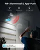 A security camera is shown mounted on a wall, with a person's hand reaching out towards it. The image highlights features like lumen output, siren warning, and two-way audio. Náhled obrázku produktu