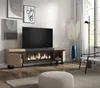 A modern living room with a TV stand featuring an electric fireplace, artwork on the wall, and a large window. Produktbild-Vorschau