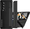 A black phone case for a foldable phone is shown in a studio setting, with the phone partially unfolded and displayed. Produktbild-Vorschau