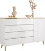 A white high-gloss dresser with four drawers and a cabinet door, decorated with a bust sculpture, a bowl, and a vase with dried branches. Produktbild-Vorschau