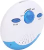 Close-up of a white and blue portable shower radio with buttons and a dial. Produktbild-Vorschau