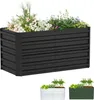 A black metal raised garden bed filled with flowers is shown from a front-side angle. Below it, two smaller garden beds, one white and one green, are shown with plants. Voir les images du produit