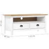 A white TV stand with a wooden top, featuring two drawers and an open shelf with a cable management hole. Dimensions are indicated with measurement lines. Náhľad obrázku produktu