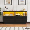 A sideboard with yellow interior lighting is displayed in a room. Produktbild-Vorschau